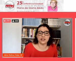 Aline Molina durante a 23a Conferência Estadual da FETEC, que homenageou Gloria Abdo